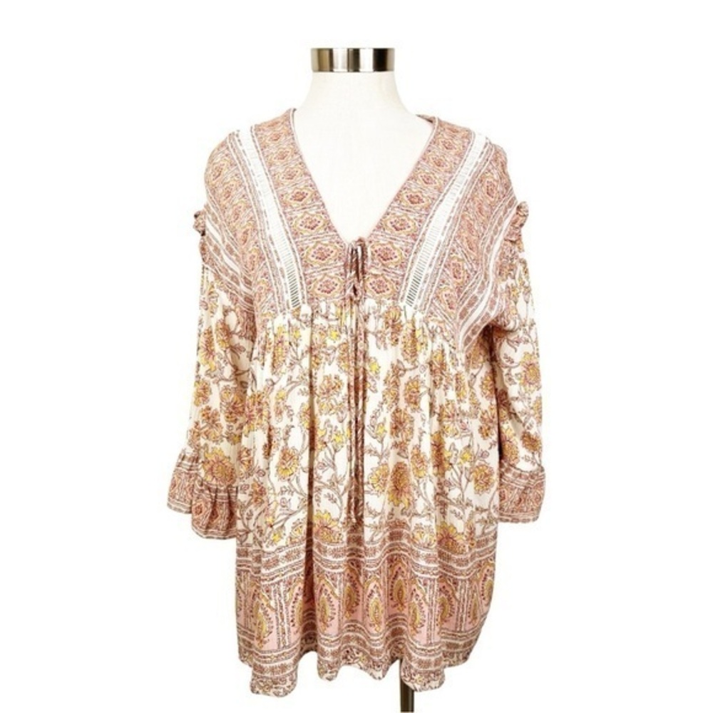 Free People Floral Cream and Rust Boho Tunic